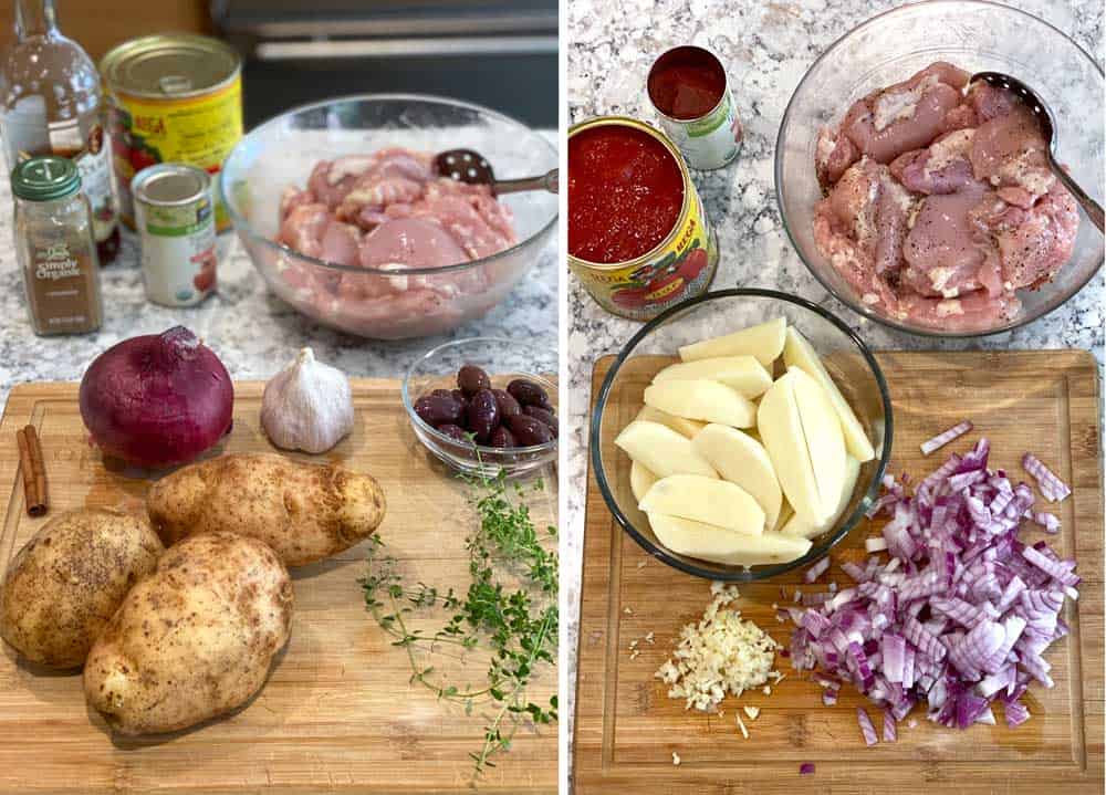raw and fresh ingredients for greek chicken and potatoes stew: 3 russet potatoes, a red onion, kalamata olives, tomato sauce, tomato paste, and raw chicken thighs. 