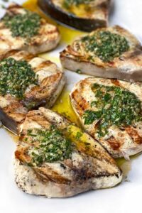 6 grilled swordfish steaks topped with salsa verde