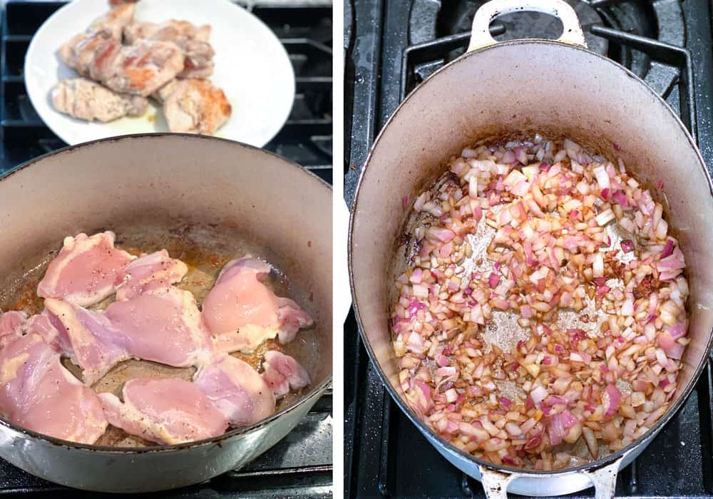 Two photos showing how to make greek chicken stew with potatoes: first one shows 5 boneless chicken thighs browning in a white dutch oven, Next show thighs removed and chopped onions being sauteed.