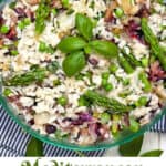 pinterest Pin: mediterranean rice salad with a sprig of basil