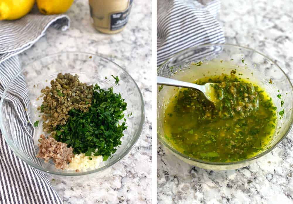 two photos showing how to make salsa verde: first one shows the raw ingredients: capers, parsley, garlic and anchovies. The second one shows the final salsa verde.