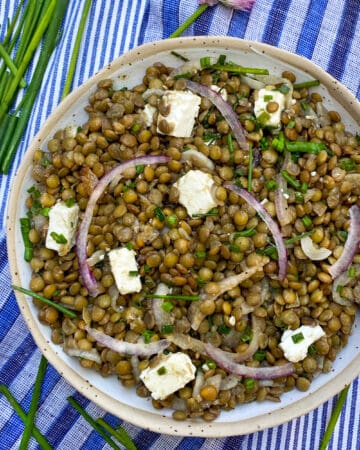 a white bowl filled with lentil salad and cubes of feta, on a blue striped dish towel with some fresh chives on the side and a couple of pink chive flowers