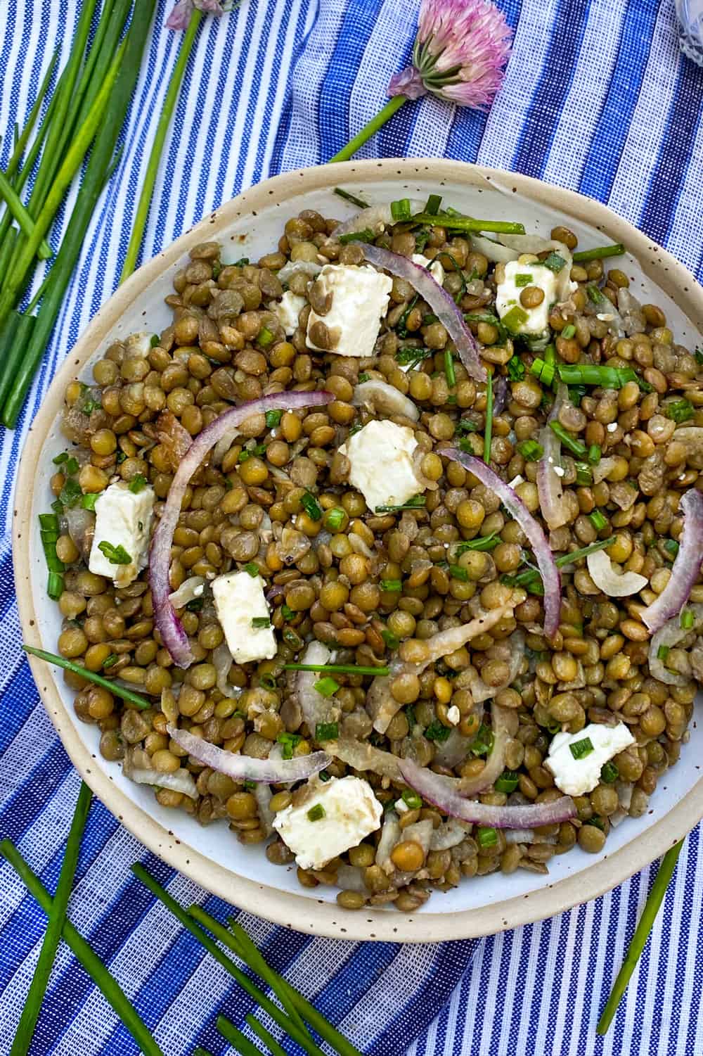 a white bowl filled with lentil salad and cubes of feta, on a blue striped dish towel with some fresh chives on the side and a couple of pink chive flowers