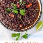 Pinterest Pin: bowl of cuban black beans shown from above, with a sprig of cilantro in the middle