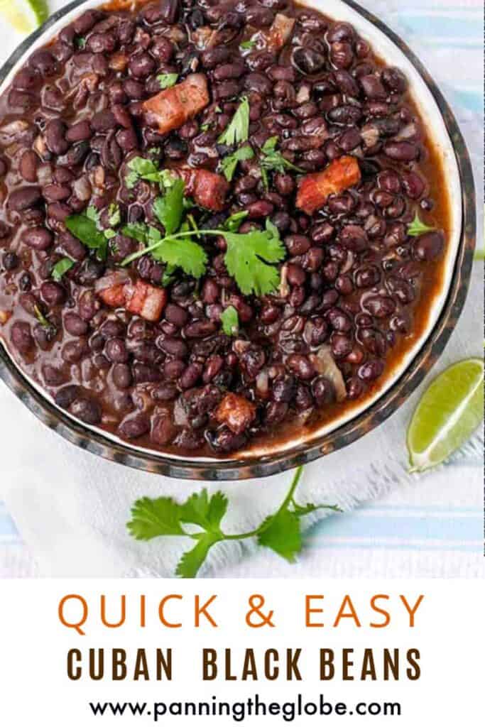 Pinterest Pin: bowl of cuban black beans shown from above, with a sprig of cilantro in the middle