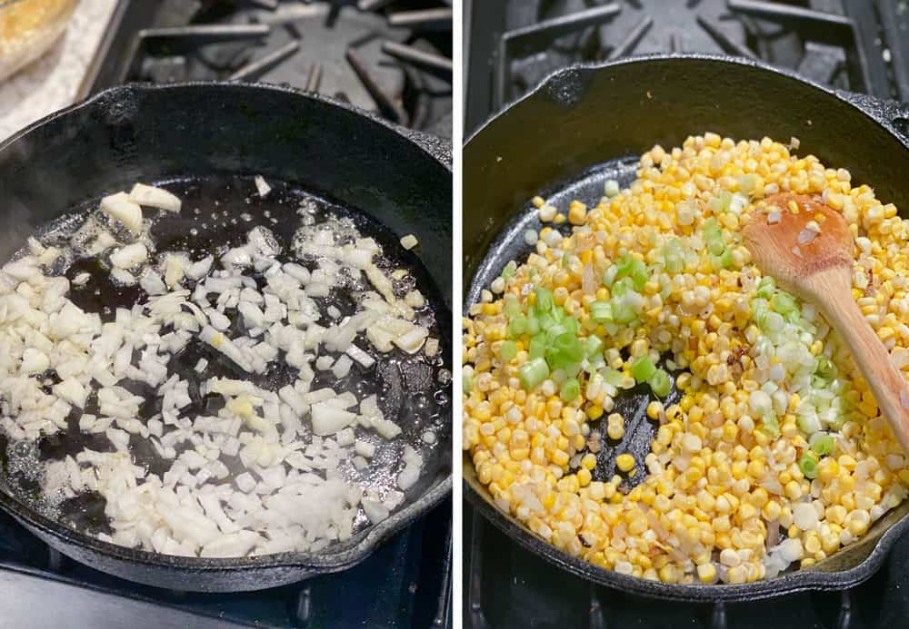 a cast iron skillet with chopped onion simmering in butter, then the same skillet with corn kernes and scallions simmering.