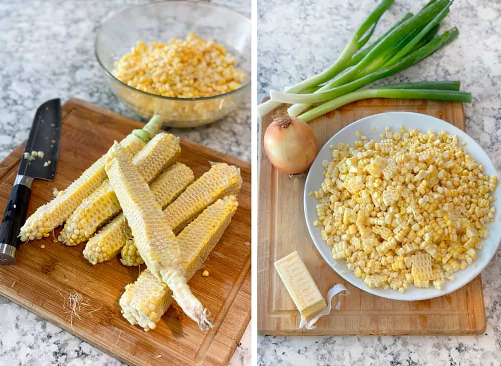 two photos, first one showing a bowl of raw corn kernels and the 6 corn cobs that the corn was cut off of, second photo shows the bowl of corn, a yellow onion, a bunch of scallions and a half bar of butter