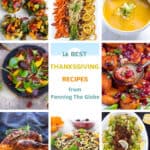 Grid with 8 images of different Thanksgiving recipes from turkey to butternut squash soup