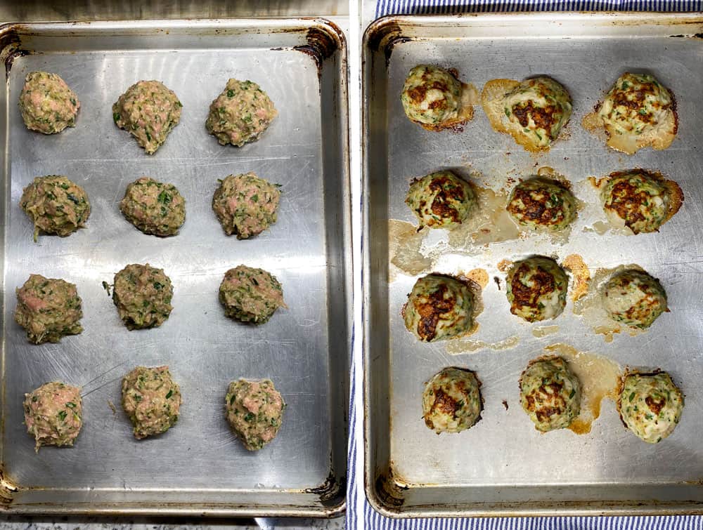 12 turkey meatballs on a silver rimmed baking sheet shown before baking and after they come out of the oven