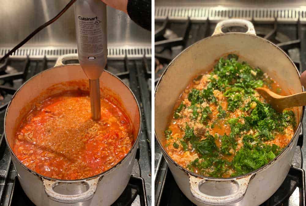 dutch oven filled with turkey vegetable soup with an immersion blender in the pot to puree it, another shot of the soup with chopped kale being added