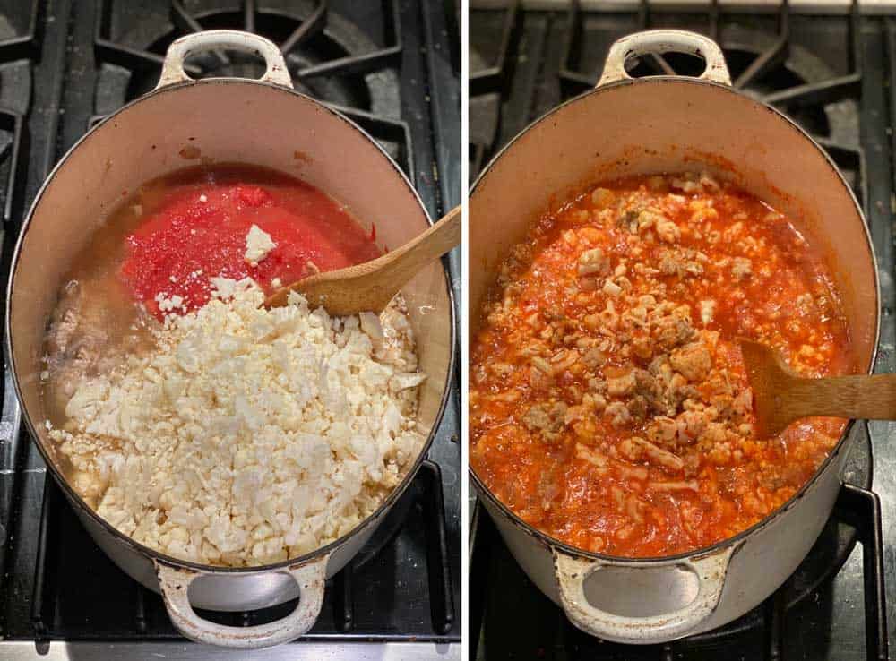 an oval dutch oven with chopped cauliflower and tomato puree being added to the pot, then next photo show the soup after it's cooked for ten minutes