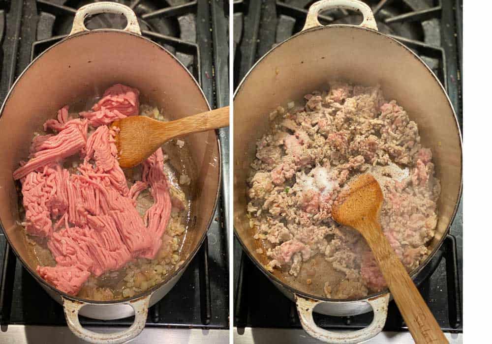 Overhead shot of an oval white dutch oven filled with sautéed chopped shallots and a pound of ground turkey, next shot shows the same pot after the turkey has been browned