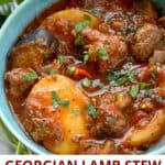 Pinterest pin: Georgian lamb stew with potatoes in a light blue bowl