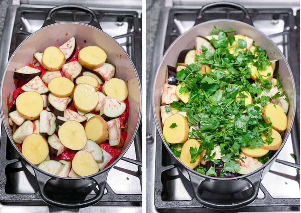 oval Dutch oven showing the eggplant and potatoes layer for Georgian lamb stew. The second photo shows the herb layer on top of the previous layer