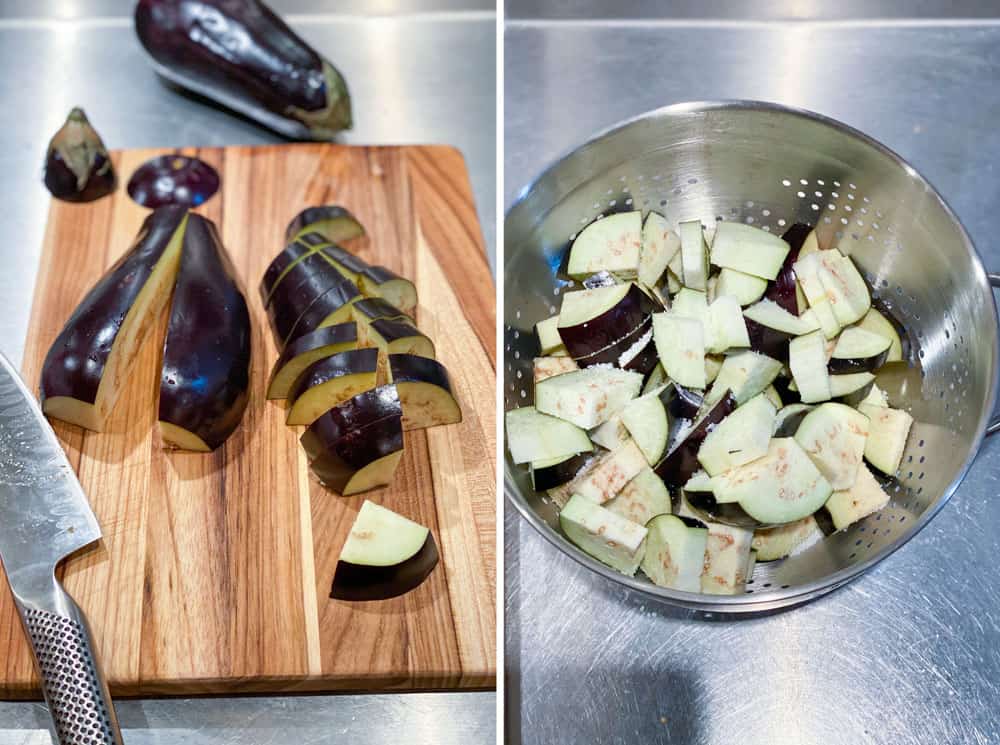 showing how to cut an eggplant for Georgian lamb stew. one photo show an eggplant sliced into wedges, the next photo show the salted wedges in a metal colander.