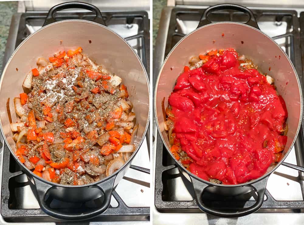 Dutch oven showing the spices layer of Georgian lamb stew. Then another shot showing the canned plum tomato layer on top of the spices layer