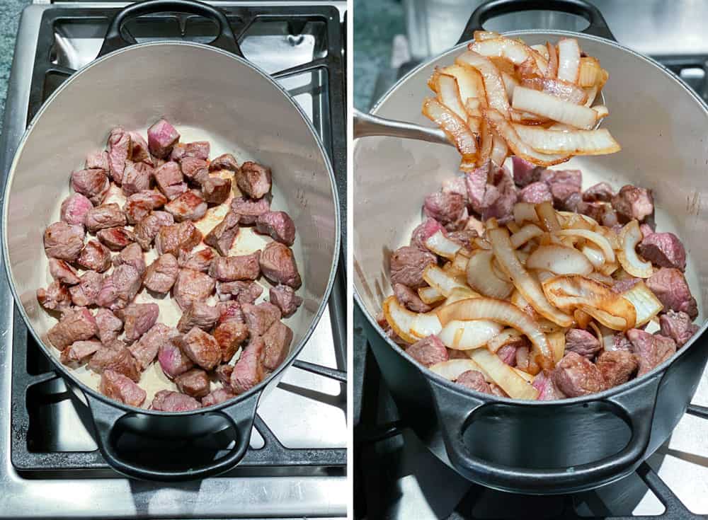 Dutch oven with browned cubes of lamb in the bottom, and then the same Dutch oven with sautéed onions added on top of the lamb