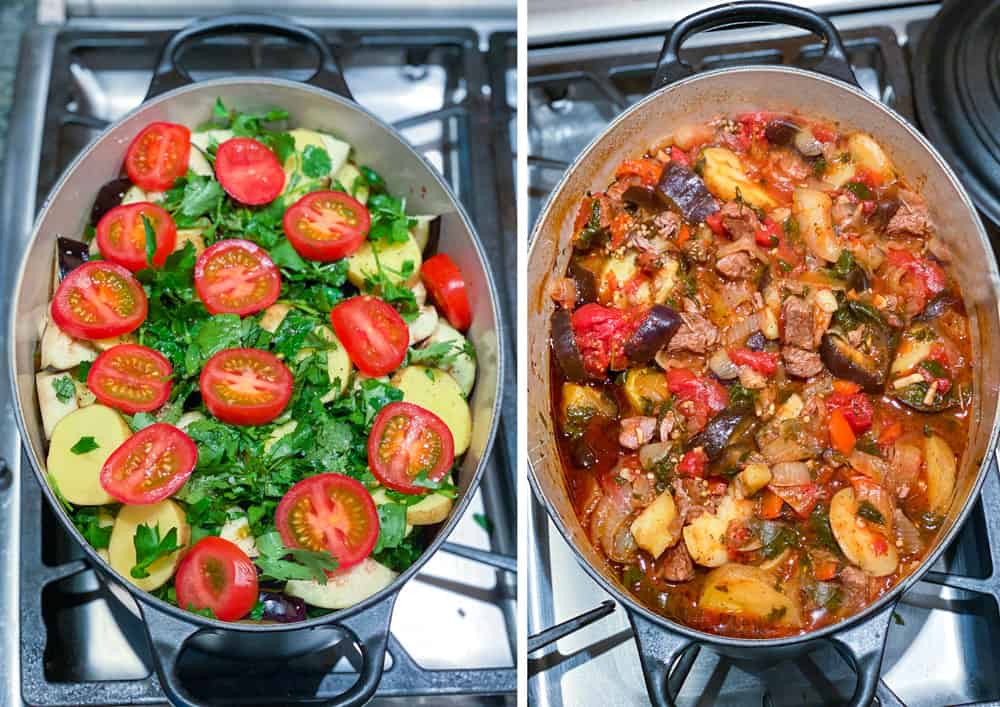 an oval dutch oven filled with Georgian lamb stew (chanakhi) before and after it cooks, showing raw potatoes, eggplant herbs and tomatoes in the first shot and a fully cooked stew in the second photo.