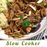 Pinterest Pin: slow cooker chicken thighs with olives and dried cherries in a white bowl with couscous on the side