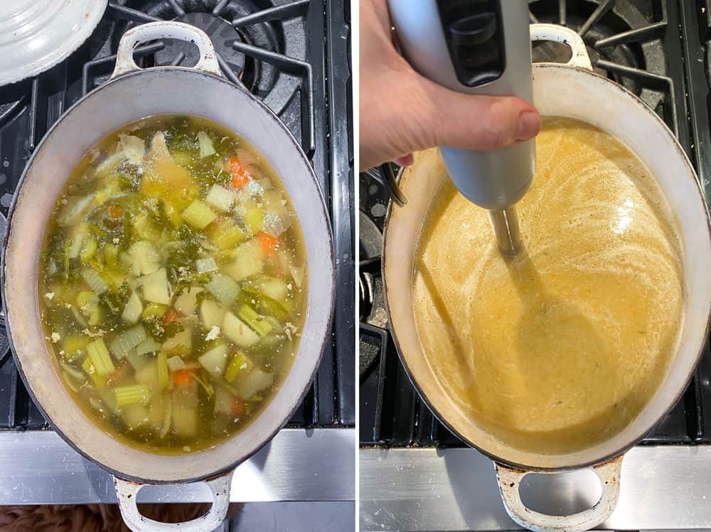 oval dutch oven seen from above, filled with chicken soup and veggies, then the same pot shown after the soup is blended, with the immersion blender still in it.