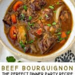 Pinterest pin: beef bourguignon in a white bowl