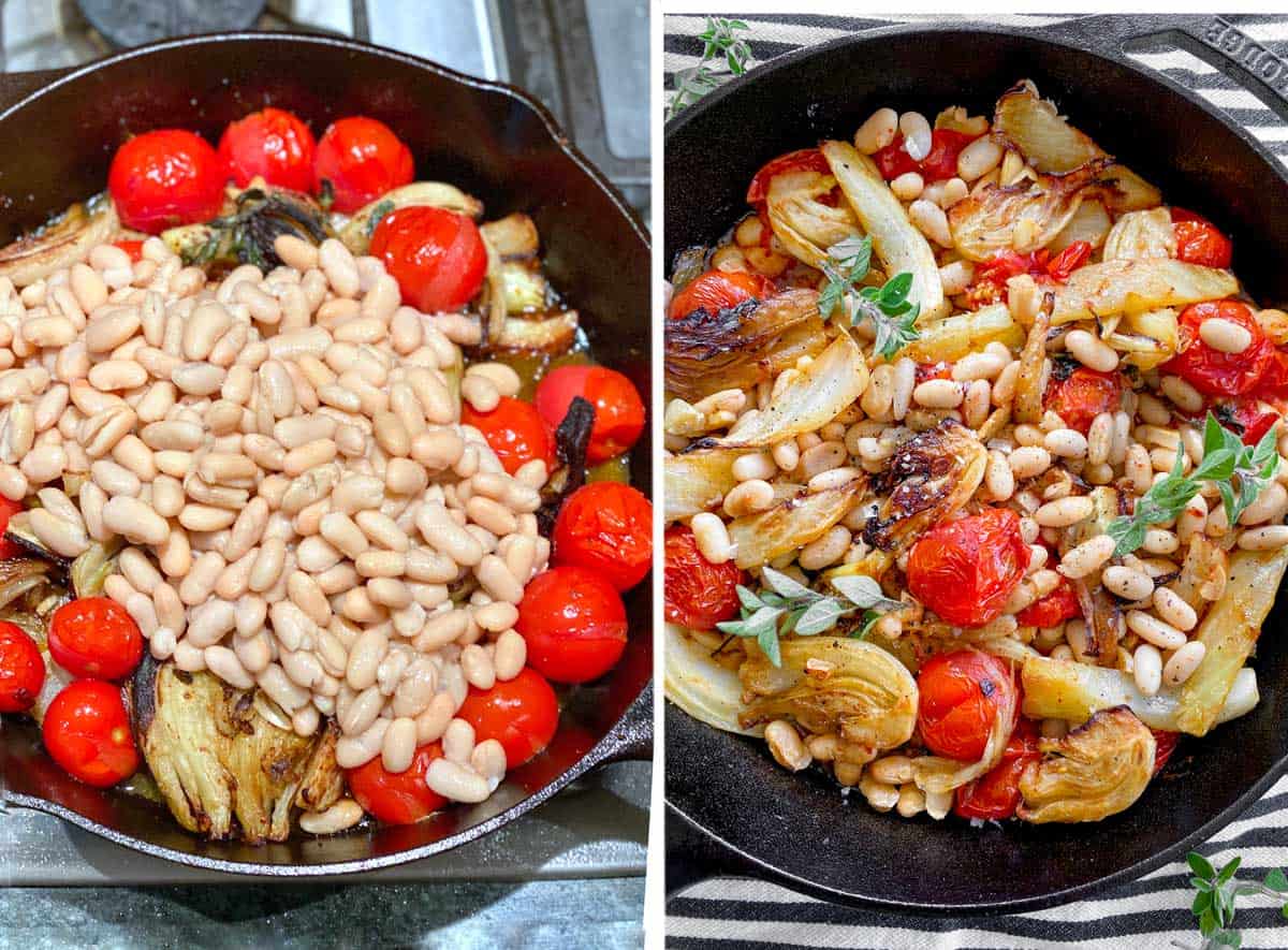 cast iron skillet with roasted fennel and cherry tomatoes, and a pile of canned white beans mounded on top. Next photo shows the same skillet with all ingredients mixed together and three oregano sprigs added as a garnish.