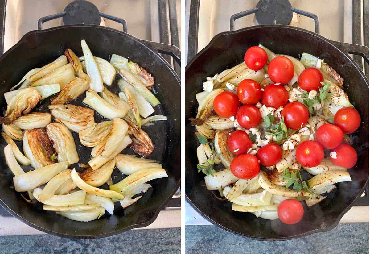 fennel wedges sautéing in a cast iron skillet show from above. The second photo shows the skillet with the addition of a dozen cherry tomatoes, 4 sprigs of oregano and 5 sliced garlic cloves