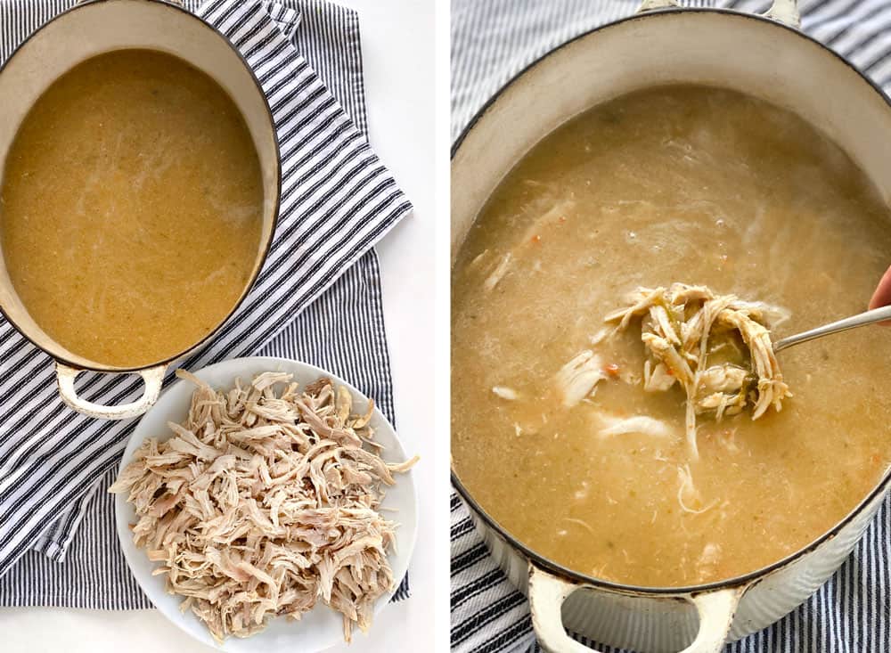 two images, one showing a pot of pureed chicken soup and a plate of shredded chicken, the next showing the shredded chicken in the pot of soup