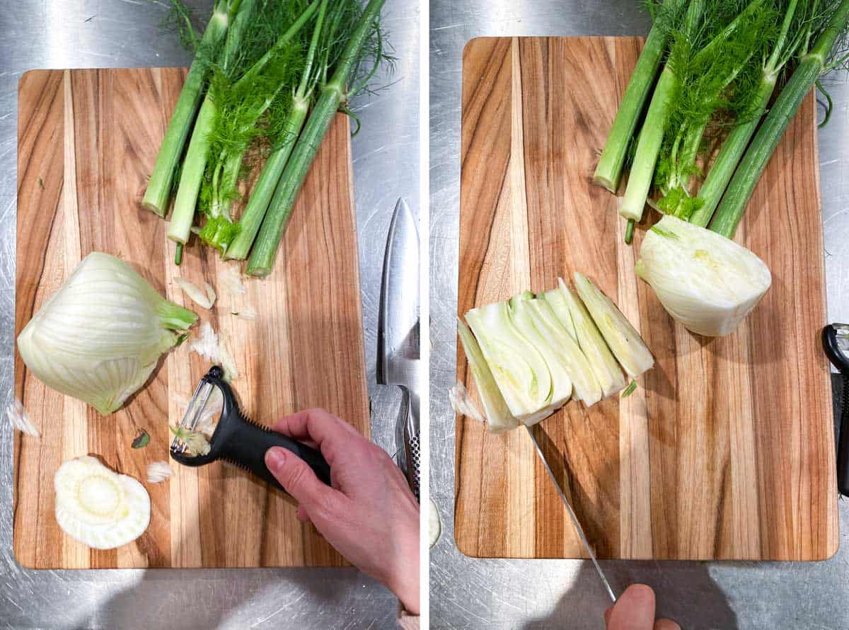 showing how to cut fennel into wedges, on a wooden cutting board