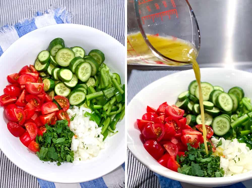 ingredients for shirazi salad in a white bowl: Sliced cucumbers, sliced cherry tomatoes, chipped onions and chopped parsley, next shot shows lemon vinaigrette being poured into the bowl