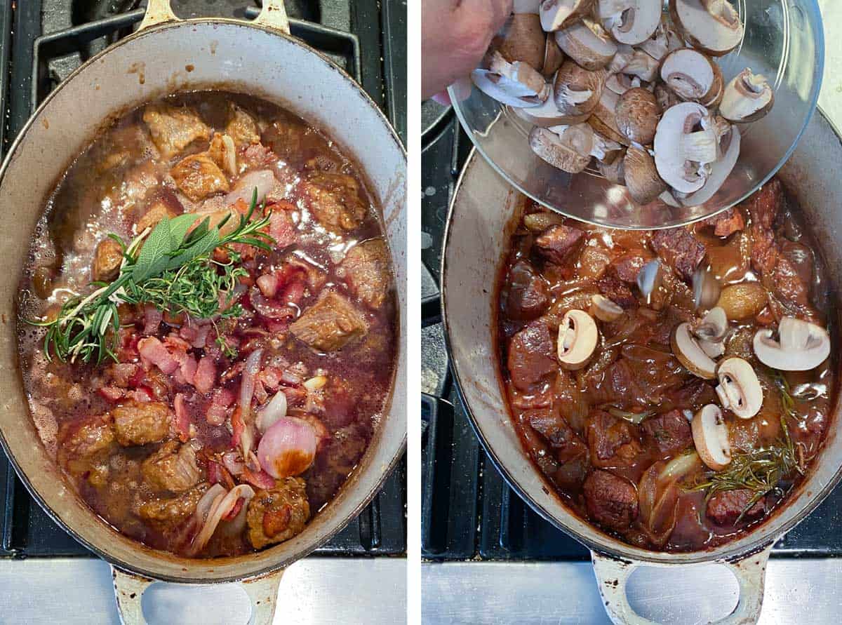 overhead shot of white oval dutch oven filled with sautéed beef, wine and a bouquet garni on top, ready to go in the oven, next image is the same dutch oven after two hours in the oven, and raw sliced mushrooms are poured in from above