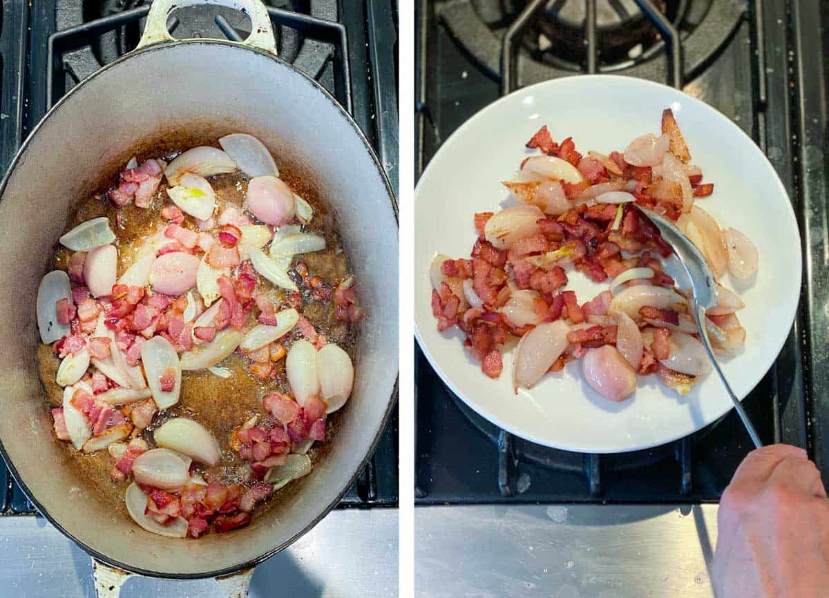 Shallots and bacon cooking in an oval white cast iron skillet, and then a photo of the cooked shallot and bacon on a small white plate
