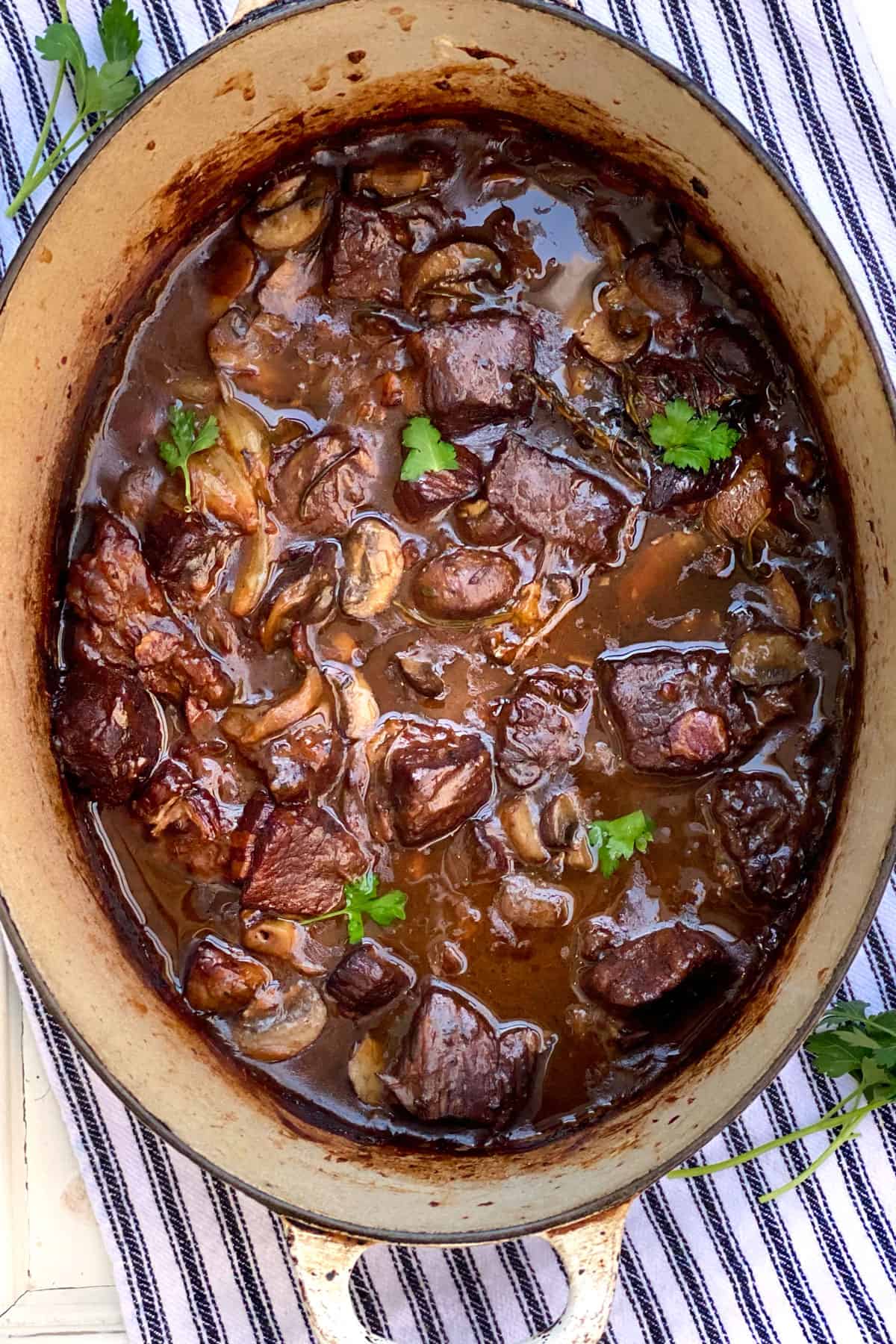 Beef bourguignon in an oval dutch oven.