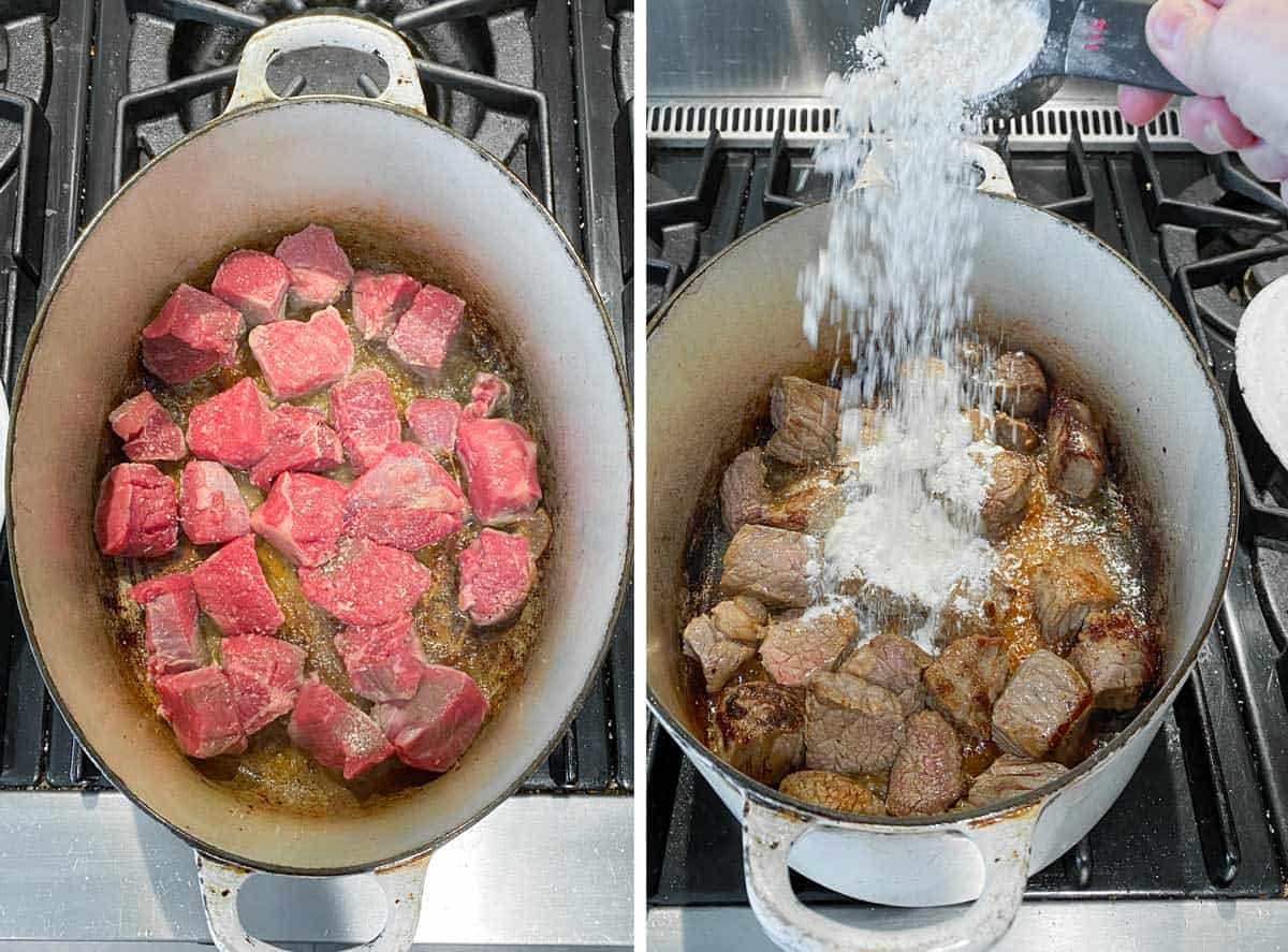 cubes of beef starting to sauté in an oval white dutch oven, next show them all browned and a quarter cup of flour being poured in from above