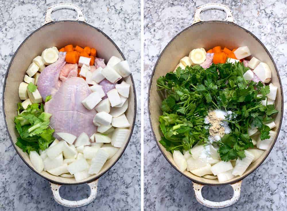 showing a dutch oven with a whole chicken and cut up root vegetables, the next picture shows chopped parsley, salt and pepper added to the pot