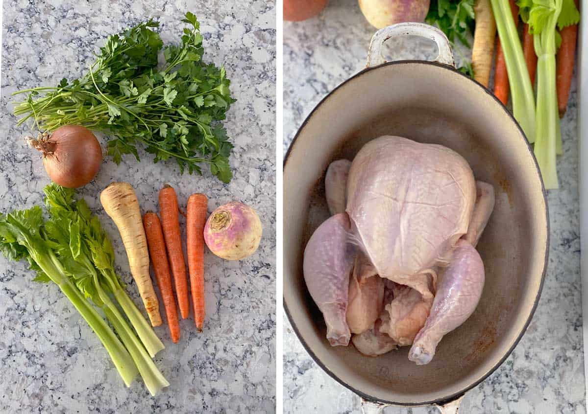 raw ingredients for making chicken soup from scratch: a whole chicken, 3 carrots, 3 stalks of celery, a parsnip, a turnip, an onion and a bunch of parsley