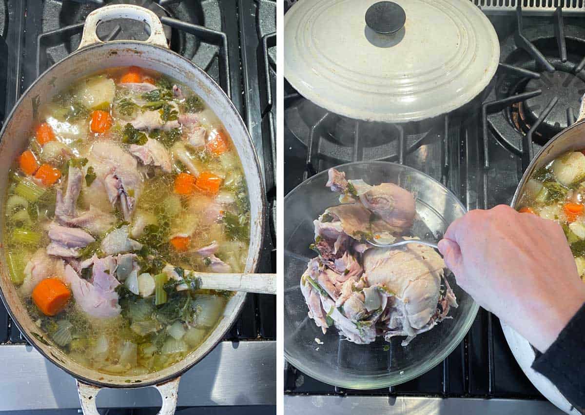 dutch oven shown from above, filled with homemade chicken soup, showing a hand lifting the tender chicken out and into a glass bowl.