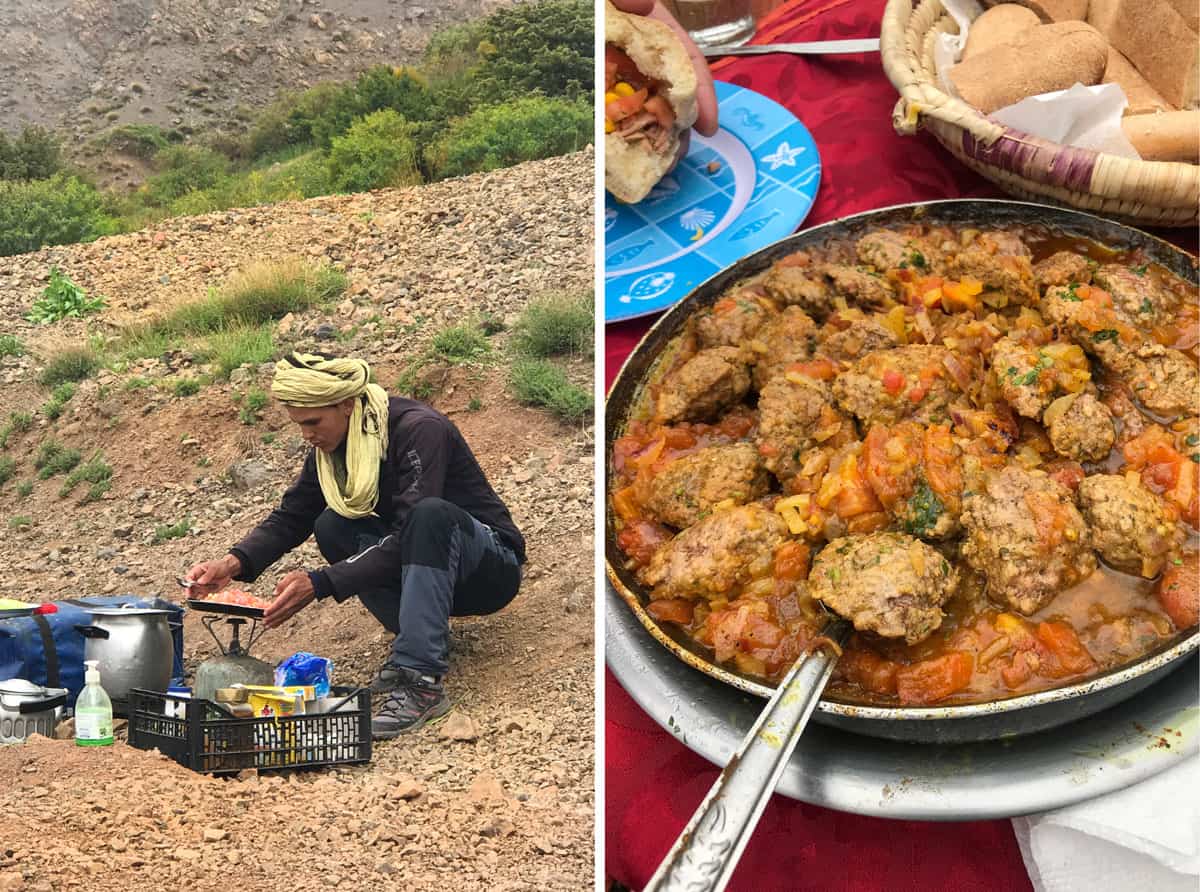 Atlas Mountains trekking guide cooking meatballs over an open fire, close up of the pot of Moroccan meatballs in fresh tomato sauce