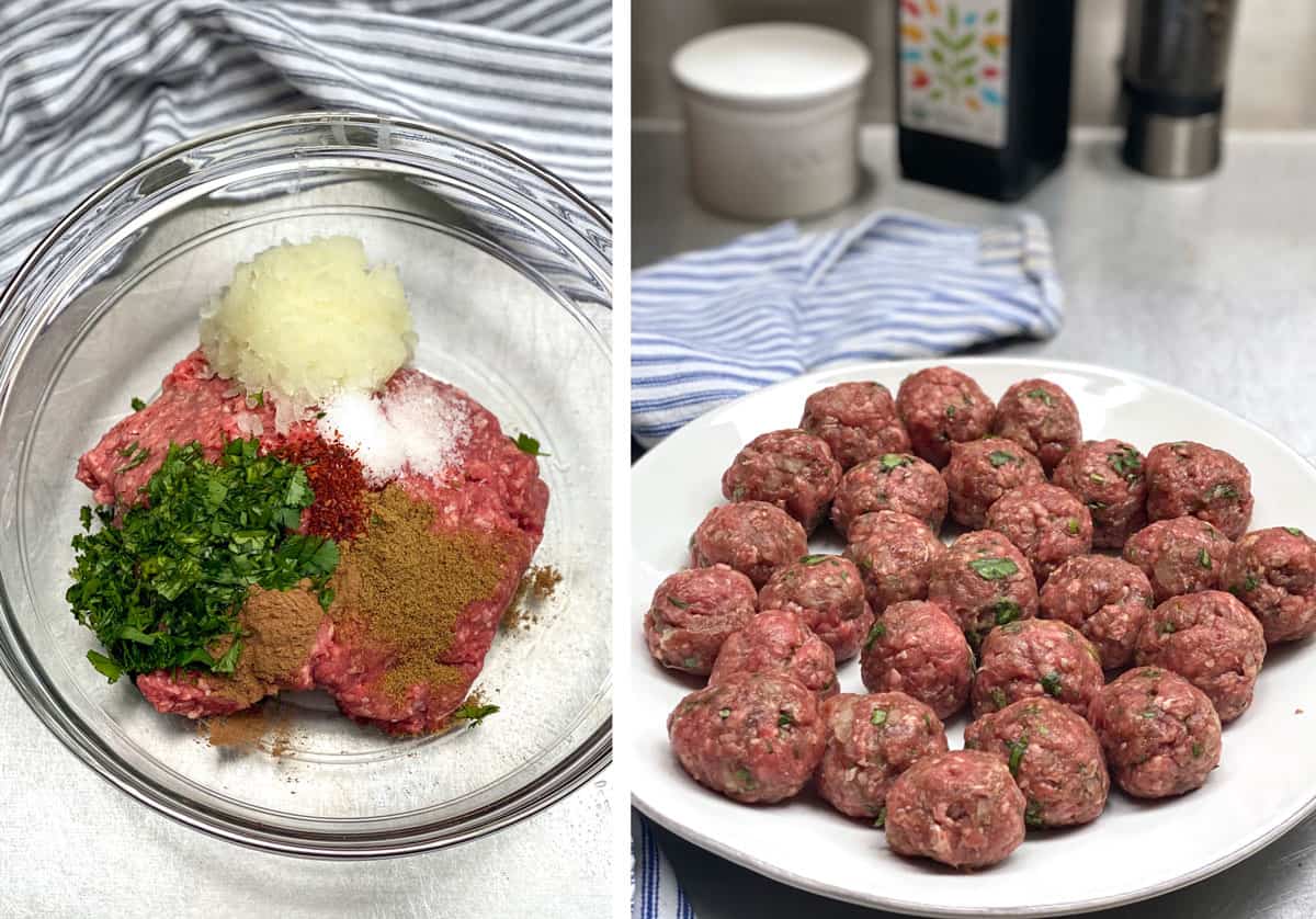 glass mixing bowl filled with raw ingredients for Moroccan meatballs: ground beef, grated onions, chopped cilantro, salt, cumin, and Aleppo pepper, next photo shows a plate of meatballs made from the mixture