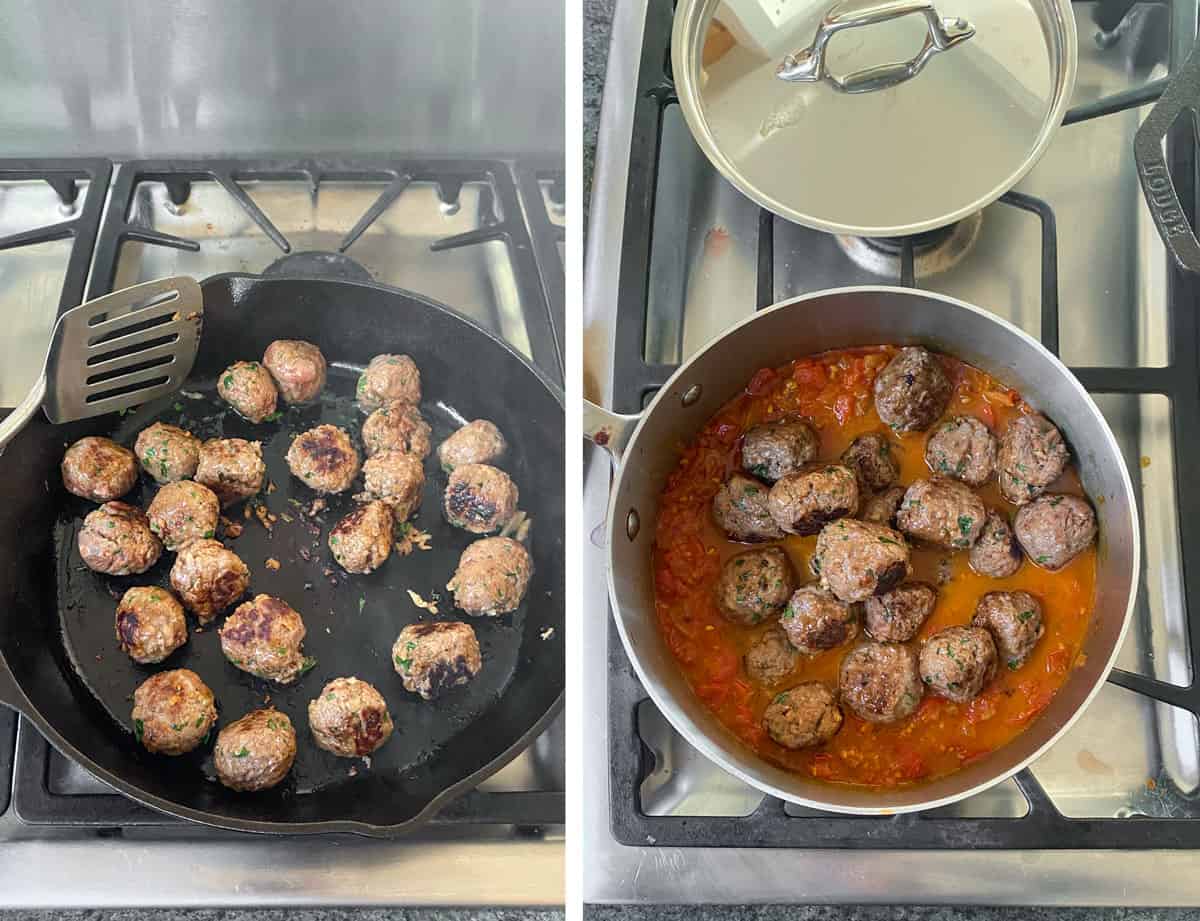 meatballs browning in a cast iron skillet, then a shot of the browned meatballs added to a pot of tomato sauce