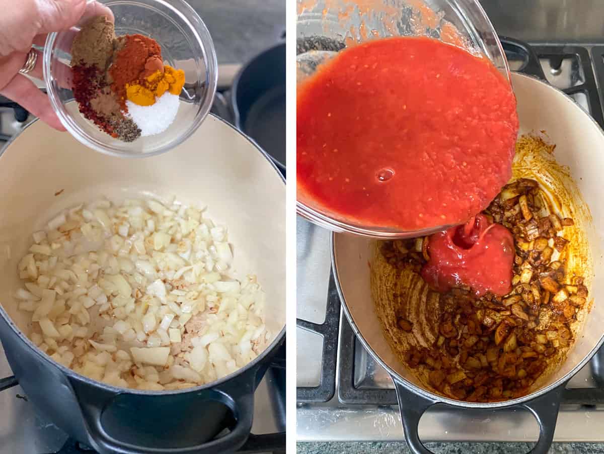 two photos showing how to make moroccan meatballs in tomato sauce, first shows onions sauteeing in a dutch oven and spices about to be poured in, next shows onions mixed with spices and tomato puree about to be poured in