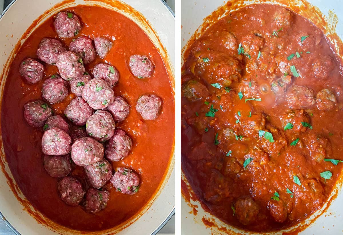 a dutch oven filled with tomato sauce and raw meatballs added, then a shot of the meatballs and sauce in the same Dutch oven, after the dish is cooked, garnished with chopped green herbs