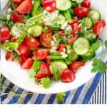 Pinterest pin: white bowl filled with Shirazi cucumber, tomato and onions salad