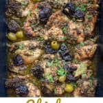 PINTEREST PIN: Chicken Marbella in a black roasting pan