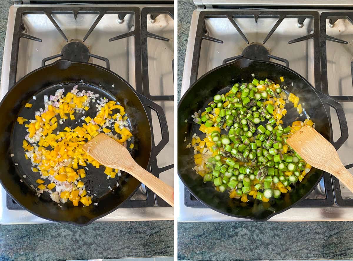 chopped shallots and yellow bell peppers sautéing in a cast iron skillet, next shows chopped asparagus added into the skillet