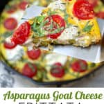 Pinterest Pin: A slice of asparagus goat cheese frittata on a spatula