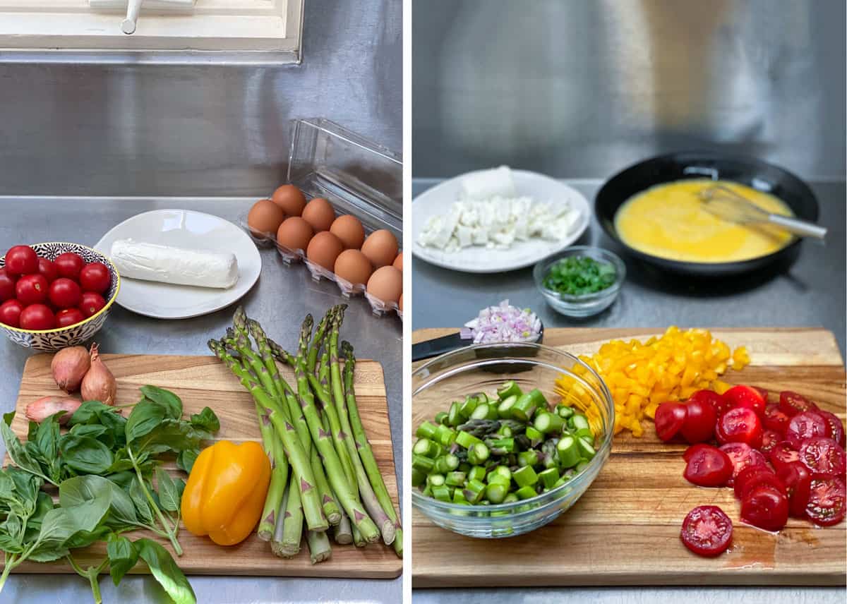 ingredients for an asparagus goat cheese frittata, laid out on a wooden cutting board and a stainless countertop: a bunch of asparagus, a dozen eggs, a yellow bell pepper, fresh basil leaves, a few shallots and a bunch of cherry tomatoes, next photo shows all the veggies sliced and diced and the eggs whisked