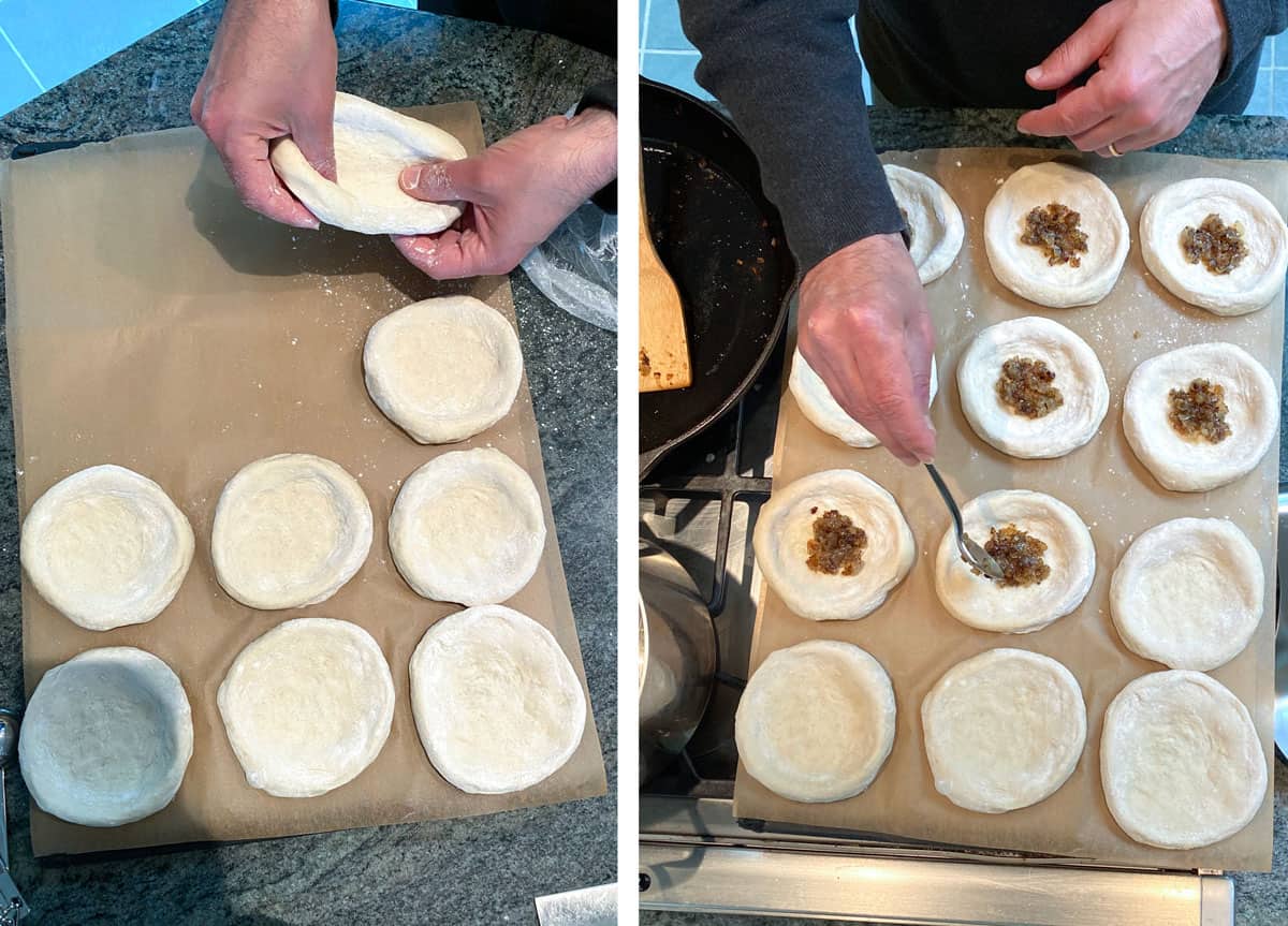 shaping dough balls into discs to form bialys, filling a dozen bialys with caramelized onions