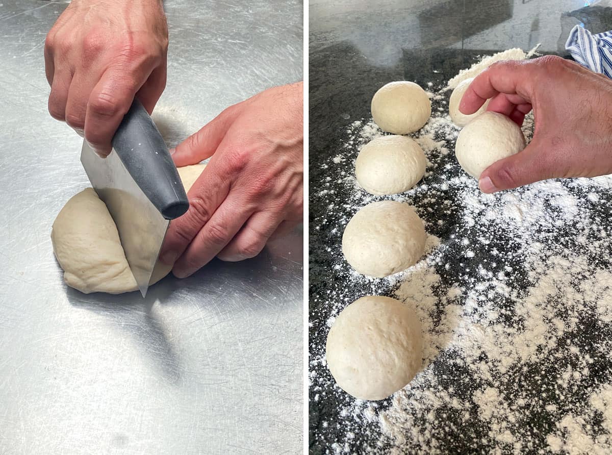 close up of slicing a small piece of dough in half, floured countertop with 5 dough balls on top