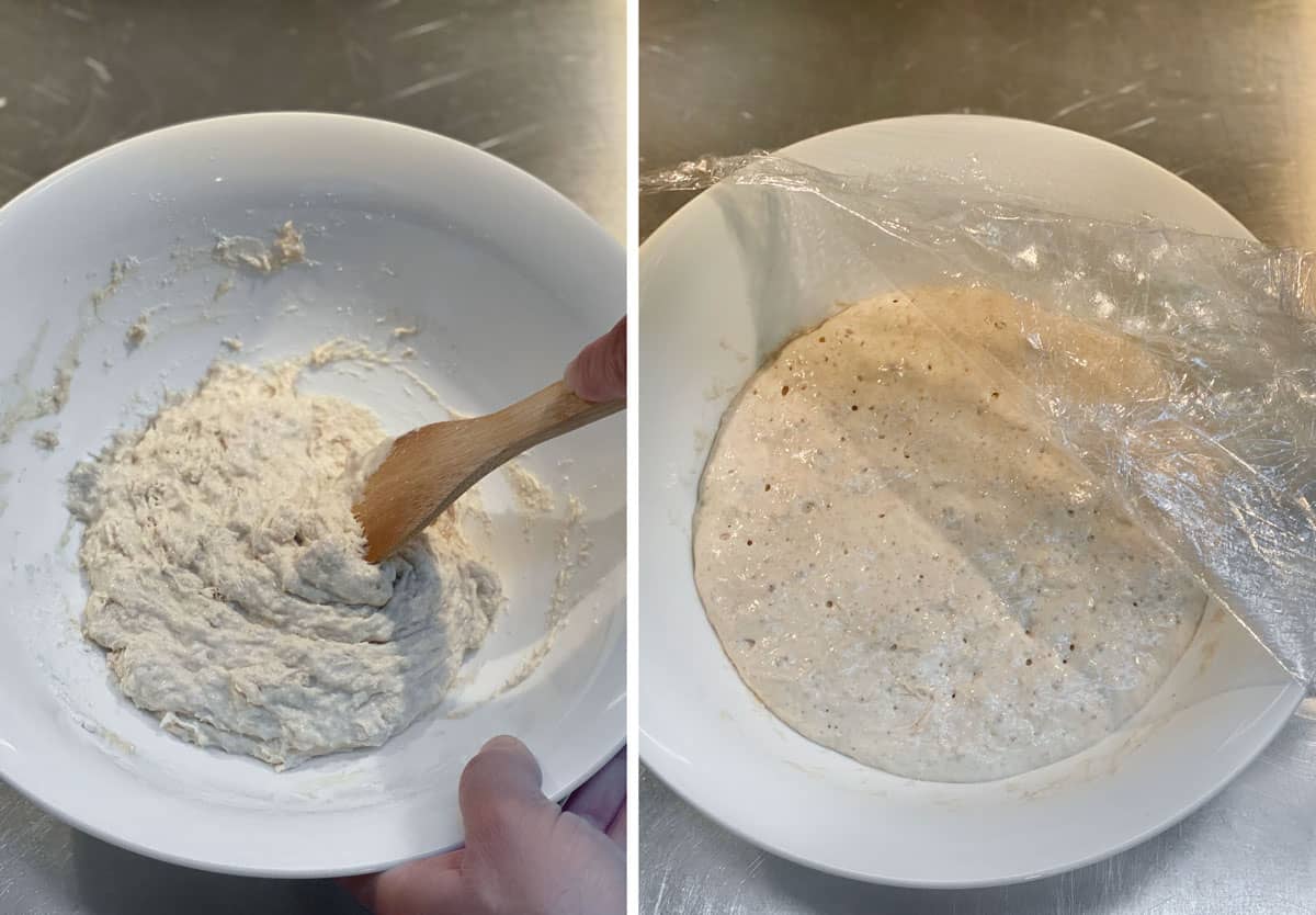 dough for bialys being mixed in a white bowl with a wooden spoon, then show after a long rise